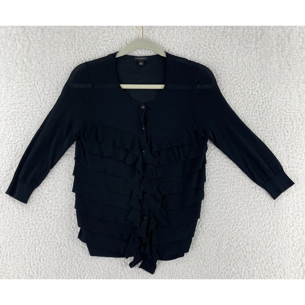 Ann Taylor Black Ruffle Button Front Cardigan‎ Womens Lightweight Size Medium